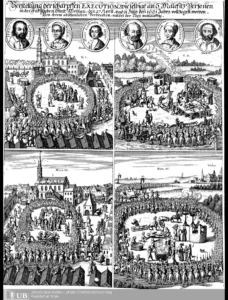 1661 Vorstellung der scharpffen Execution, wie selbige an 6 Malefitz Personen in der Fürstlichen Statt Wohlau, den 27. April, vnd II July deß 1661. Jahrs, vollzogen worden