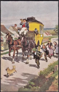 Volksliederkarte 19, Trara, die Post ist da, 1922
Ansichtskarte von Paul Hey (1867 - 1952) 