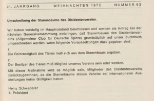 Anerkennung von Ahnentafeln des Dissidenzvereins "Allgemeiner Club für Deutsche Spitze" - DDS_63_1972, S. 13