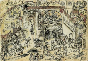 Bauern plündern das Kloster Weißenau bei Ravensburg (Federzeichnung des Abtes Jacob Murer, um 1525)