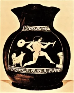 Ein attisch-rotfiguriges Gefäß mit der Abbildung eines Knaben, der ein Radgestell (ähnlich einem Roller) trägt - hinter ihm läuft ein spitzartiger Hund