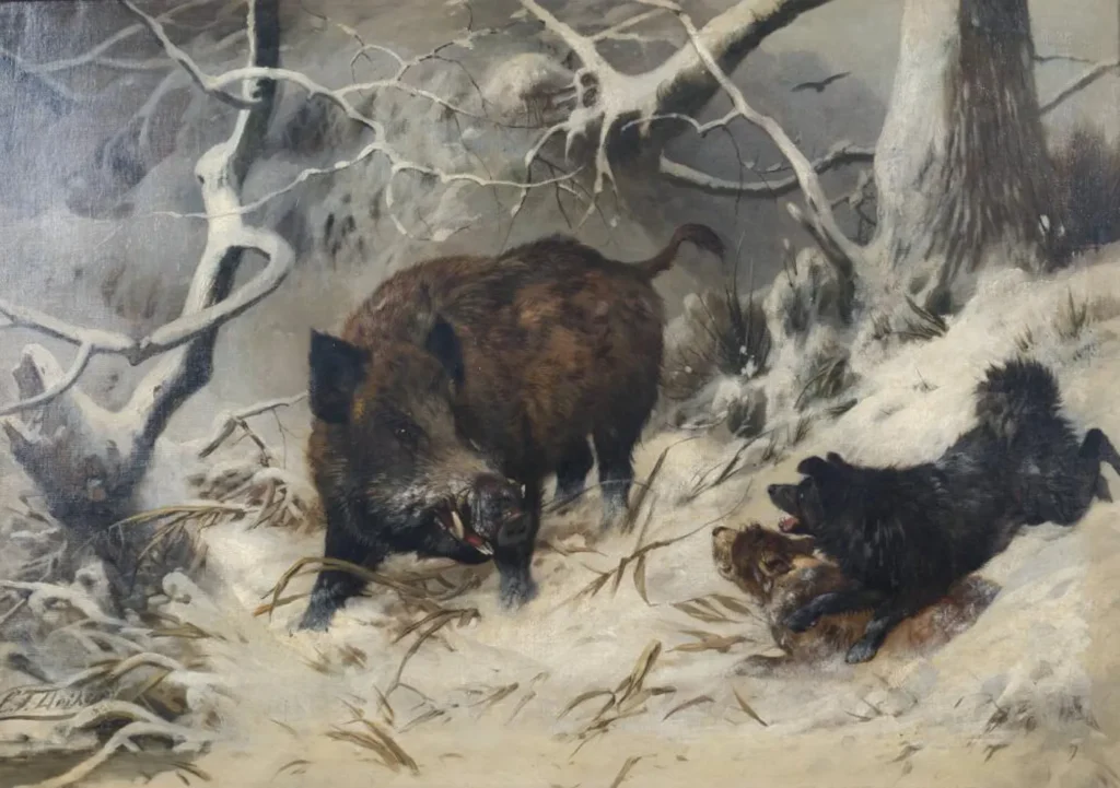 Keilerjagd-mit-Hunden
Gemälde von Carl Friedrich Deiker (1836-1892)
