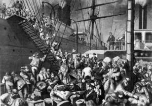 Deutsche Emigranten gehen an Bord eines in die USA fahrenden Dampfers (um 1850),