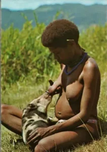Bild einer afrikanischen Frau, die ein Ferkel still