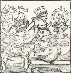 Eine lateinisch beschriftete frühe und seltene Ausgabe der Schrift über Trunksucht und übermäßigen Alkoholgenuss von 1516 zeigt verschiedene Tiere um einen Tisch sitzend, die dem Alkohol zusprechen