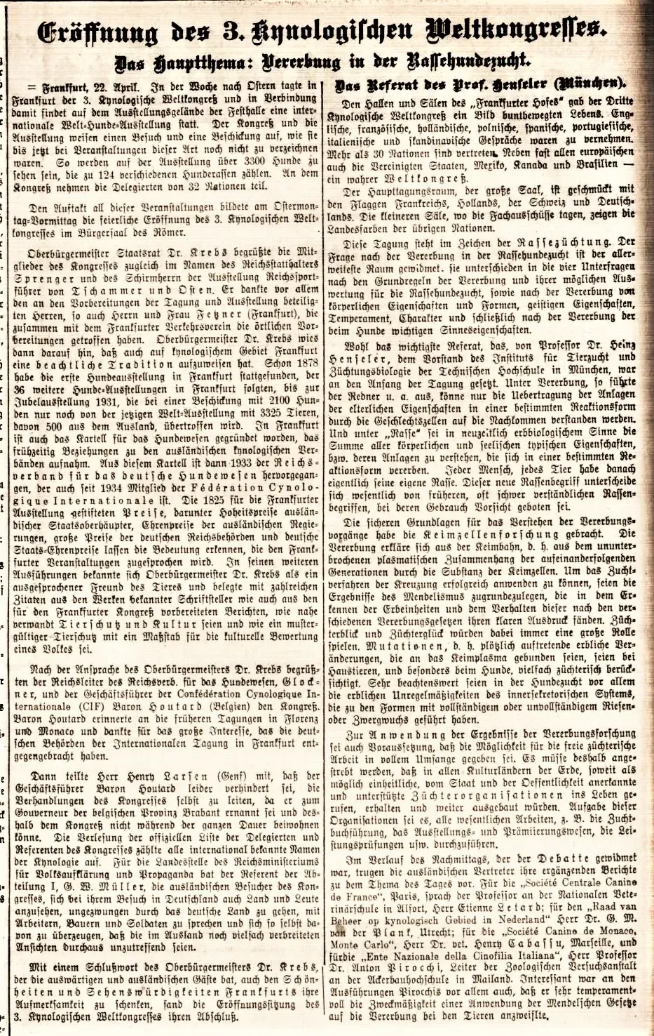 22. April 1935: Bericht über die Eröffnung des 3. Kynologischen Weltkongresses am 21.04.1953 in Frankfurt a, M