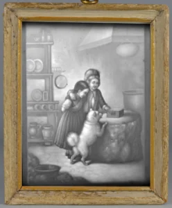 Fensterbild ,,Die geheimnisvolle Kiste'', Lithophanie,  gerahmt  (Heyroth Porzellanmalerei, ca. 1844-1850)