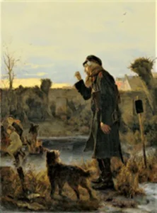 Ein alter Veteran einer Schar Kinder auf dem Eis drohend
Gemälde von Friedrich Peter Hiddemann  (1829 – 1892)