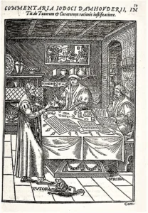 Viele llustrationen von Ioannem Bellerum, einem Buch zur Rechtskunde von 1564, zeigen sog. Löwenspitze zu Füßen der abgebildeten Gelehrten