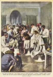Werbeanzeige zur Eröffnung eines Hundesalons im Zentrum von London
Zeichnung von  Achille Beltrame