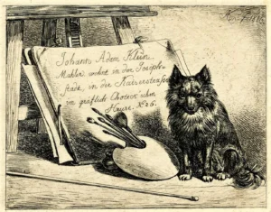 Der Spitzhund bei der Staffelei, 1863
Visitenkarte des Genremalers Johann Adam Klein (1792 - 1875), British Museum