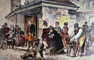 Kolorierter Holzschnitt um 1880, auf dem der Andrang für die gesetzlich verordnete Hundevisitation im Kampf gegen die Tollwut anschaulich gezeigt wird