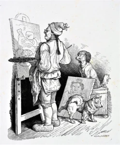 Meister Kenner und Kritikus
Probedruck, 1856 (A. Gaber (1823 - 1894) nach L. Richter (1803 - 1884), Holzstich, Deutscher Volkskalender für das Jahr 1856