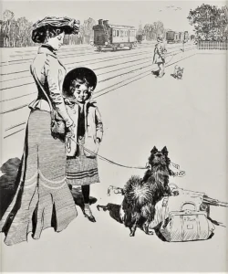 Am Bahnhof, Entwurf für die ,,Meggendorfer Blätter‘‘ Nr. 860, 1907 (Alexander Pock)