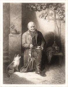 Nach Tisch
Friedrich Friedländer Ritter von Malheim (1825 - 1901), ein bekannter Genremaler, dem wir auch weitere Spitzbilder zu verdanken haben, beim Österr. Lloyd, ca. 1856
Stahlstich von G. Pommer