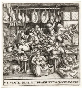 Ein lateinisch beschrifteter Druck von 1596 zeigt etliche Menschen und Hunde, die sich in einem Raum voller Würste, Schinken und vieler weiterer Lebensmittel der Völlerei hingeben.
