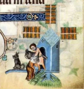 Abbildung eines Wachhundes, der eine Mühle bewacht, in einem der ältestesten Bestiarien - dem Luttrell-Psalter (1330 bis 1340)