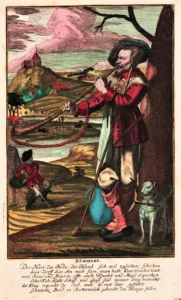 Kuhhirte mit gebüngeltem Hund, um 1720
kolorierter Kupferstich von Johann Christoph Weigel (1661 - 1726)  