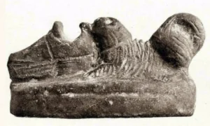 Ein spitzartiger Welpe nagt an einem Schuh.