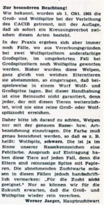 Ausschnitt aus "Der Deutsche Spitz", Nr. 44 (1966), S. 5, in dem der Hauptzuchtwart Werner Jäger auf die Einhaltung des Kreuzungsverbotes zwischen Wolfs- und Großspitzzucht hinweist.