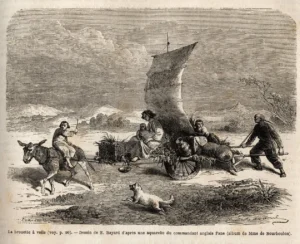 Das Segelschubkarren, Fortbewegungssystem in Nordchina
Zeichnung von Emile-Antoine Bayard (1837–1891), zur Illustration der Reise von Shanghai nach Moskau, von 1859 bis 1862, von M. de Bourboulon, Minister von Frankreich