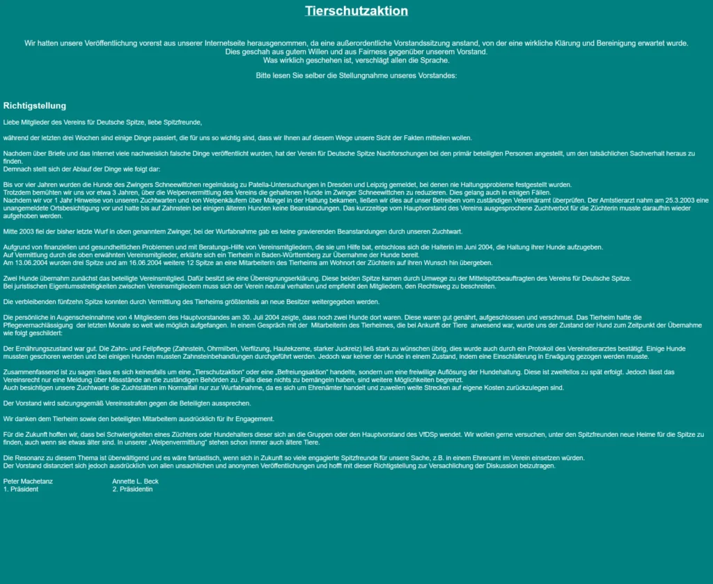 Screenshot der ,,Richtigstellung'' auf der Seite der Gruppe Hansa vom 14.08.2004