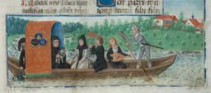 Bootsfahrt des Abtes Johannes Stantenat mit Mönchen und Musikern des Klosters Salem auf dem Killenweiher bei Salem, Bodensee (Salemer Abtsbrevier, 1494/1495, Signatur: Universitätsbibliothek Heidelberg, Cod. Sal. IXd, Fol. 152r)