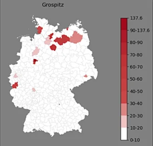 Relative Verteilung des Namens Grospitz in Deutschland (1996), Quelle Genealogy