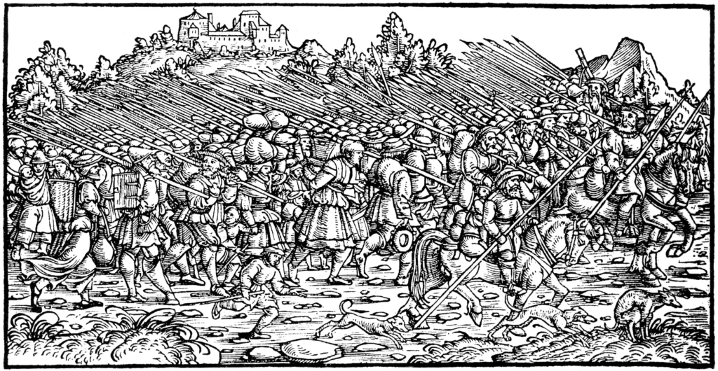 Bewaffnete Bauern um 1525
Rechts im Vordergrund wieder ein kackender Hund, wie wir ihn schon aus der Lilienfelder Stiftsbibliothek (Österreich) kennen.